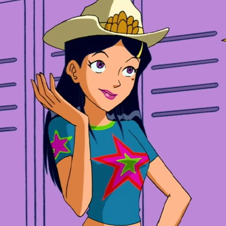 a cartoon girl wearing a cowboy hat and holding her hand up in front of her face