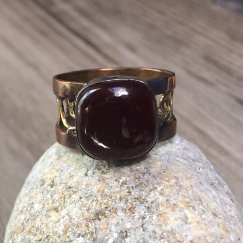 Carnelian Artisan Mixed Metal Ring 7.5  | eBay Artisan Gold Carnelian Jewelry, Bohemian Carnelian Round Rings, Handmade Bohemian Carnelian Ring, Artisan Rust-colored Metal Jewelry, Antique Handmade Carnelian Rings, Mixed Metal Ring, Mixed Metal Rings, Dark Burgundy, Carnelian Ring