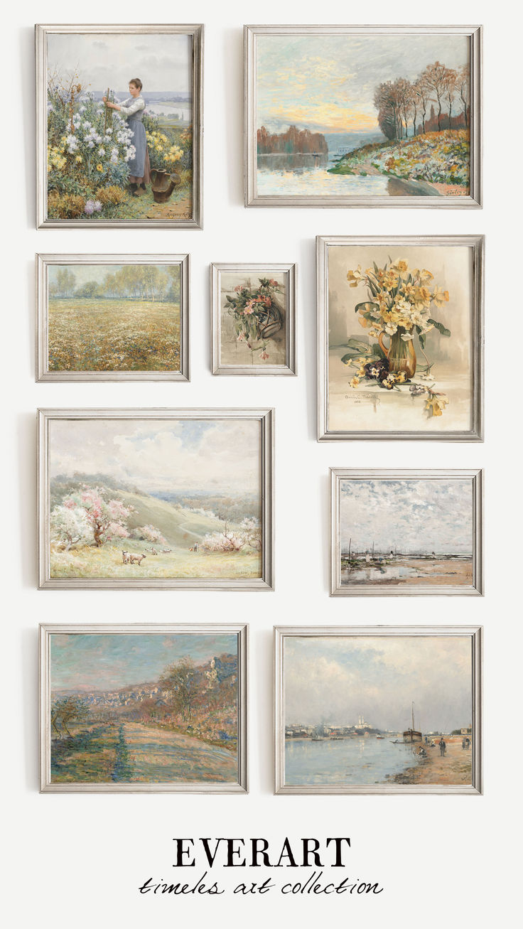 A colorful vintage spring gallery wall print set consisting of 10 fine art print reproductions of antique paintings dating back to the 1800s. Each artwork was digitally restored, carefully preserving its original charm and patina. Wall Print Set, Gallery Wall Art Prints, Antique Paintings, House Color Palettes, Botanical Illustration Vintage, Gallery Wall Prints, Painting Medium, Patent Art, Vintage Spring