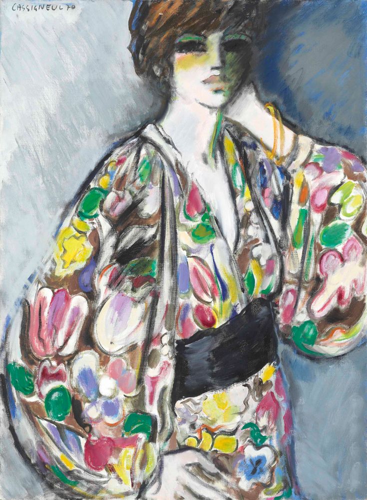 a painting of a woman in a kimono with flowers on it's chest