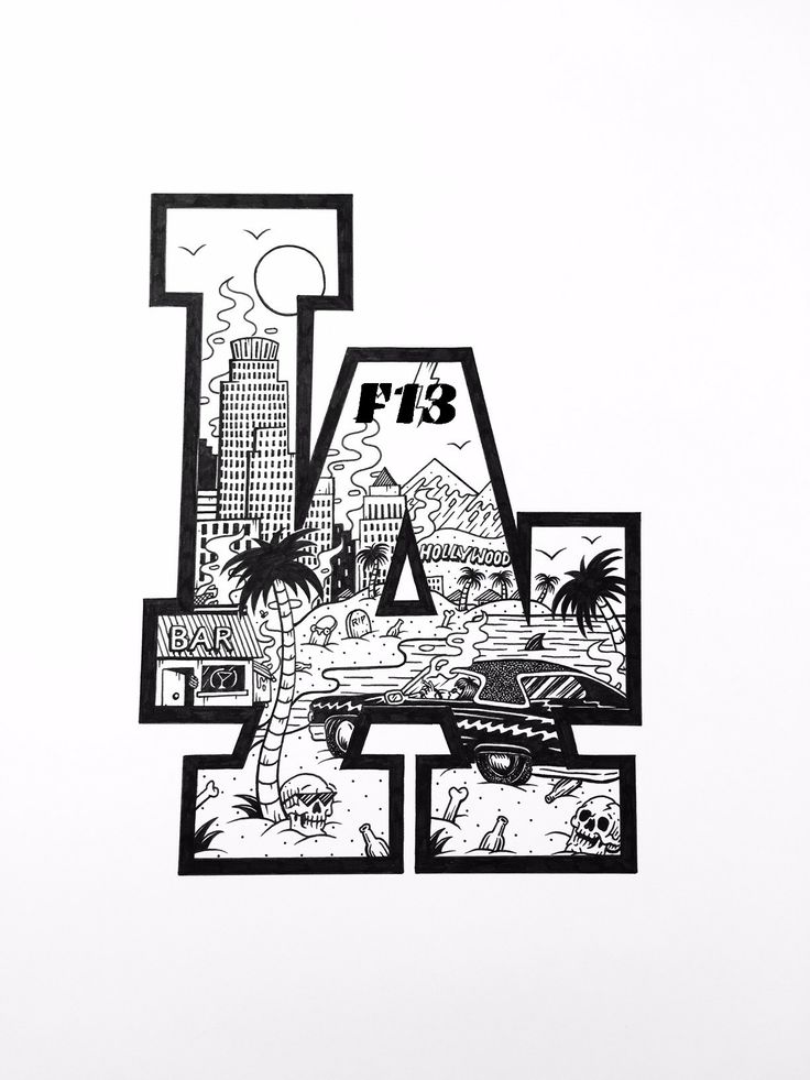 the letter la is made up of black and white images, with palm trees in the background