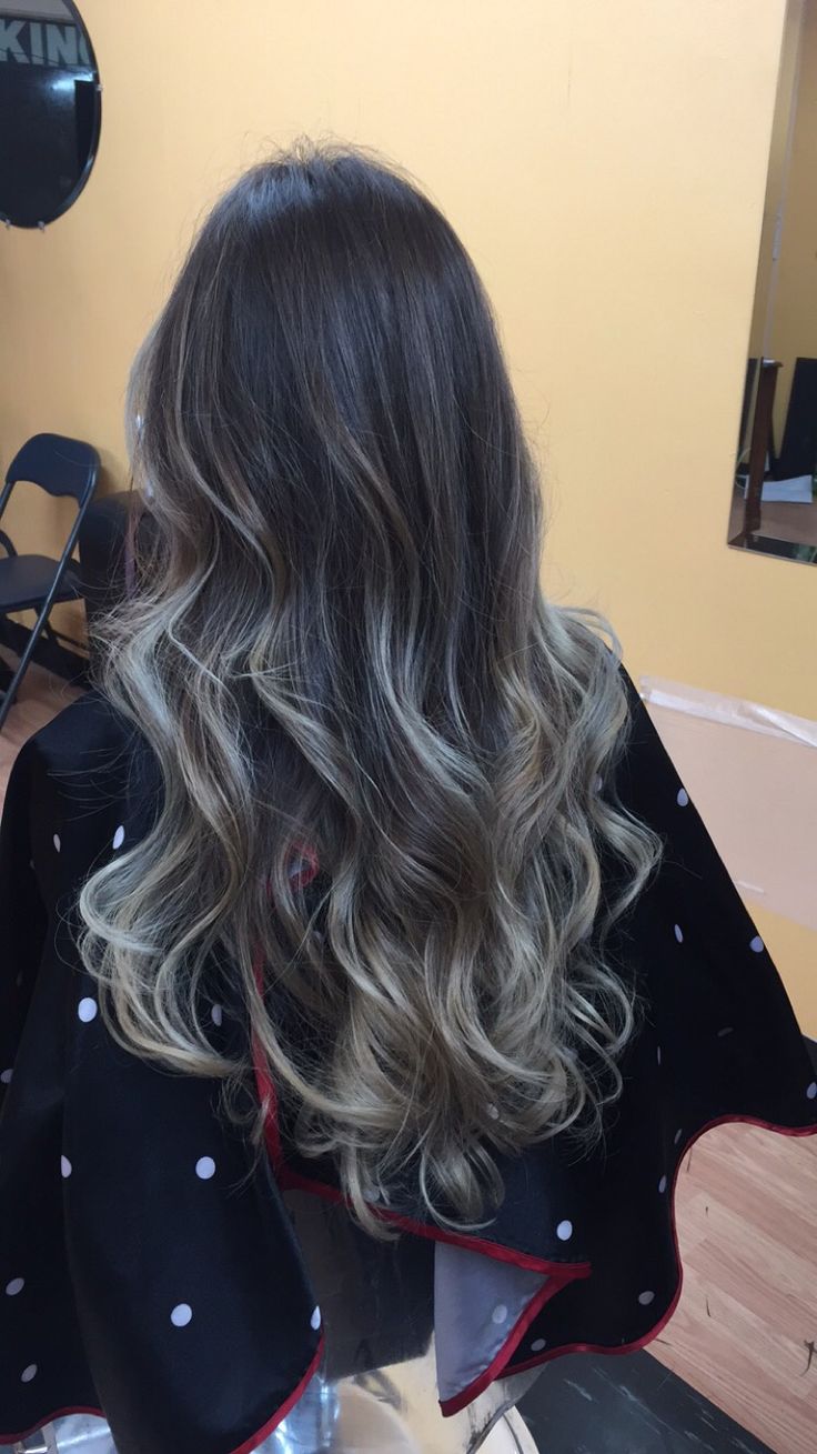 Curly long ash blond ombre hair Balayage Blonde On Black Hair, Black To Light Brown Hair Ombre, Black White Ombre Hair, Ash Brown On Dark Hair, Dark Hair With Colored Ends, Ombre Highlights For Black Hair, Ash Grey Ombre Hair, Dark Brown Hair With Blonde Ends, Cool Balayage On Dark Hair