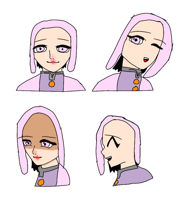 four different facial expressions in the form of people with pink hair and blue eyes, one is