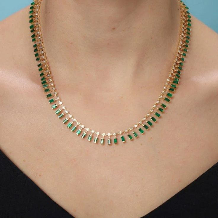 Beautiful Diamond and Dangling Emerald Cut Emerald Chocker Necklace. A staple in your jewelry collection. Handmade in New York City of polished 14k gold. Quality to us is important and that is why we hand select our diamonds and color stones for premium quality. Natural Diamonds Weight: 2.55 ct. total weight Genuine Em Emerald Choker, White Stone Necklace, Diamond Tennis Necklace, 14k Yellow Gold Necklace, Diamond Necklace Designs, Chocker Necklace, Color Stones, Emerald Necklace, White Gold Necklaces