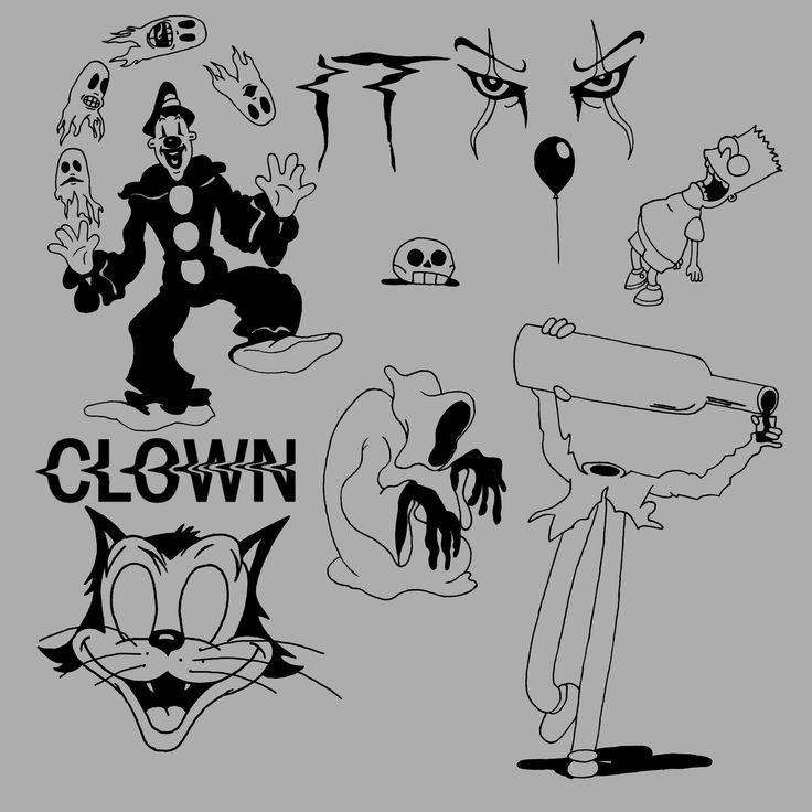 cartoon characters drawn in black and white with the words clown written on them, including an evil cat