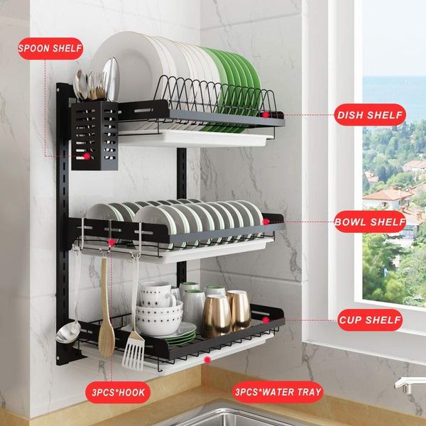 an organized dish rack in a kitchen with labeled parts labelled on the top and bottom