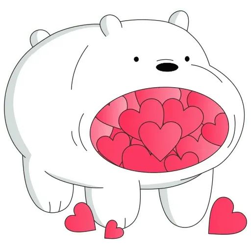 a polar bear holding a heart filled plate with candy hearts in it's mouth