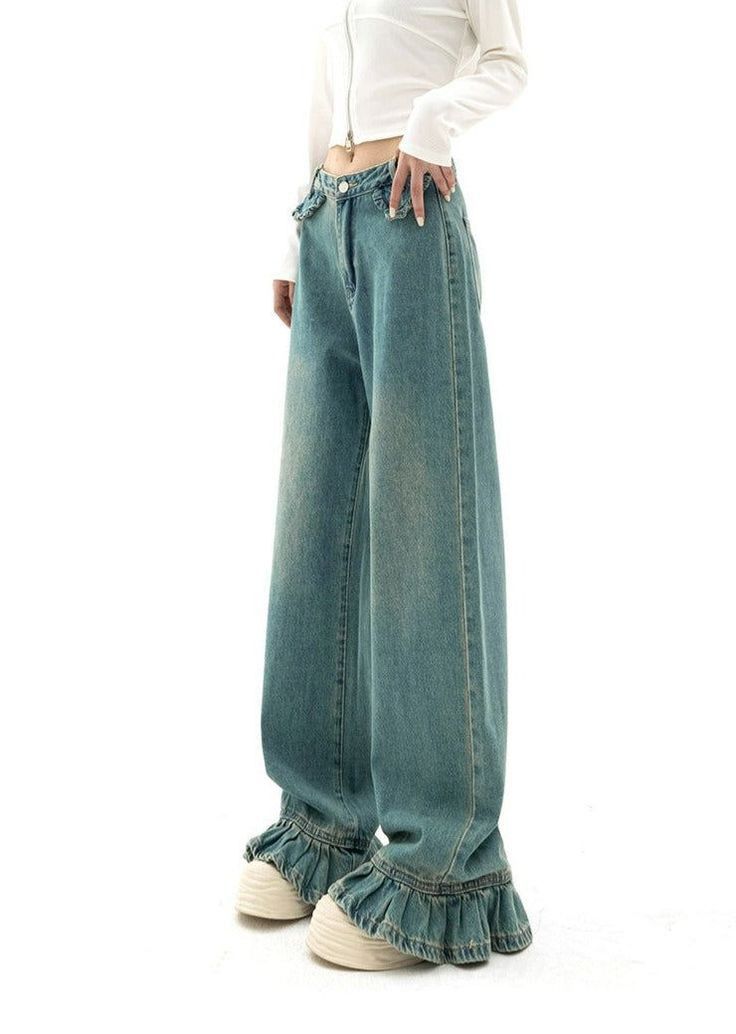 Clothing Inspired By Architecture, Affordable Blue Denim Dress With Snap Buttons, Jeans With Ruffles, Cool Denim Jeans, Feminine High Fashion, Outfits With Texture, Denim Fashion 2023, Baggy Flare Jeans With Frayed Hem In Cotton, Baggy Cotton Flare Jeans With Frayed Hem