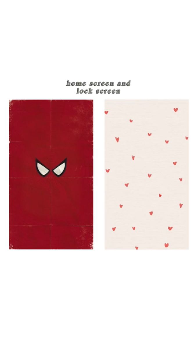 some red and white squares with hearts on them, one has an evil face in the middle