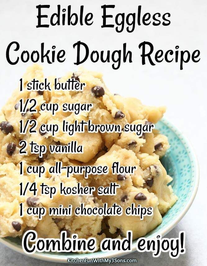 edible eggless cookie dough recipe in a blue bowl on a white table with text overlay