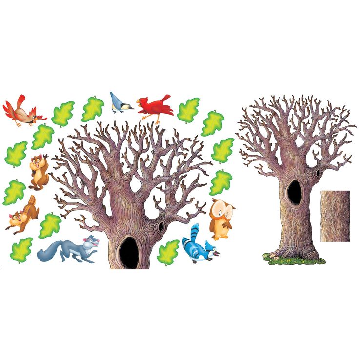 three trees with leaves and birds on them