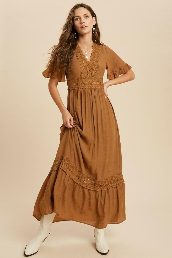 Discover the Heart Of Soul Camel Short Sleeve Maxi Dress at BohoPink.com! Lace trim maxi dress with v-neckline and ruffled hem. Express shipping is availble! Stunning Wedding Guest Dresses, Camel Shorts, Fall Maxi, Short Sleeve Maxi Dress, Bodycon Sweater Dress, Warm Dresses, Crochet Lace Trim, Short Sleeve Maxi Dresses, Midi Short Sleeve Dress