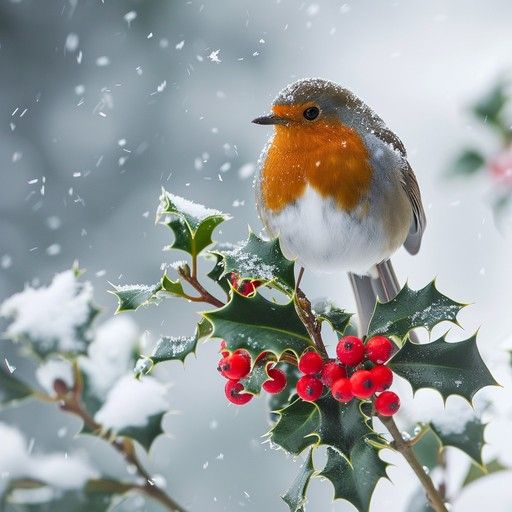 a small bird sitting on top of a holly branch