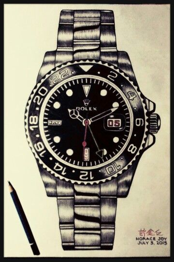 a drawing of a rolex watch on paper with a pencil in front of it