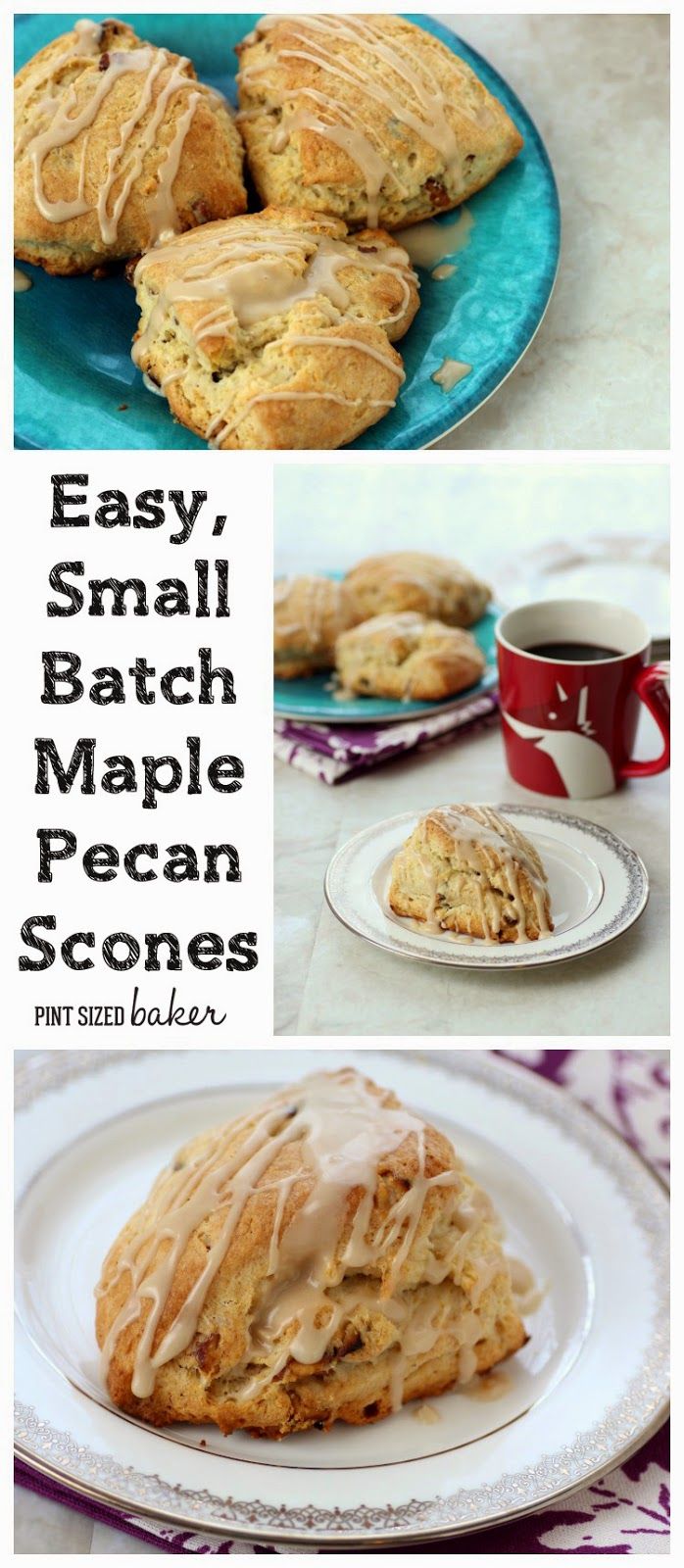 three different views of some food on a plate and in the middle one is an apple scone