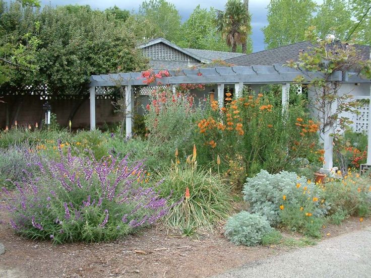 the garden is full of colorful flowers and plants in front of an old house with a pergolated roof