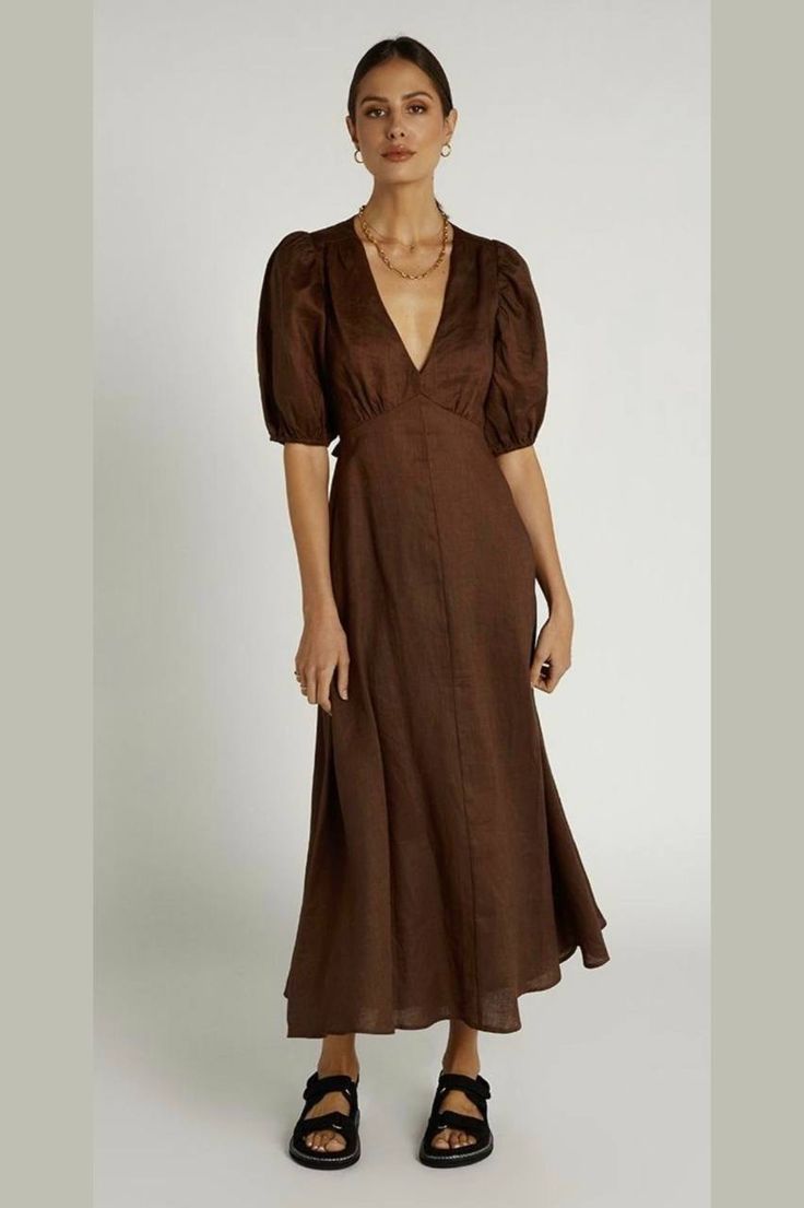 Semi Casual, Designer Midi Dresses, Linen Midi Dress, Linen Maxi Dress, Invisible Zip, Dress Short, Chocolate Brown, Puff Sleeves, Half Sleeves