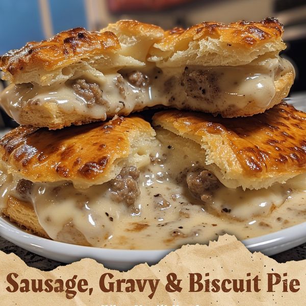 sausage, gravy and biscuit pie on a plate