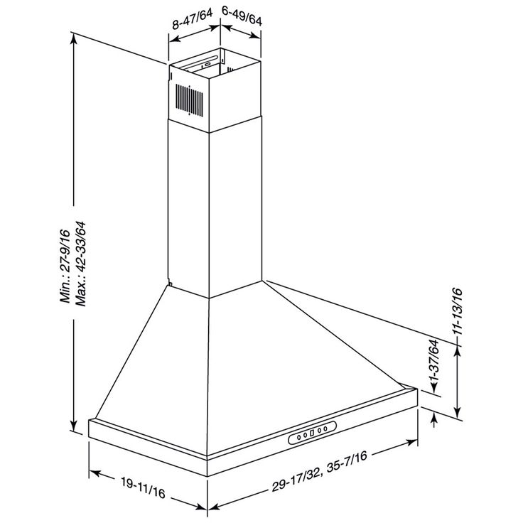 a drawing of an oven hood with measurements for the top and bottom portion, including the chimney