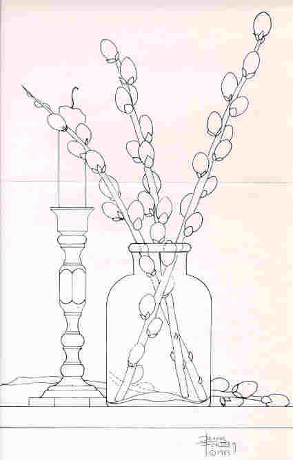 a drawing of flowers in a vase on a table with other items behind it, including candlesticks and beads