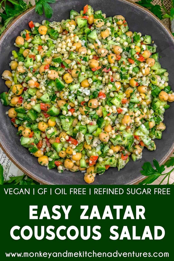 a bowl full of salad with the title vegan gluf free i fried sugar free easy zaata couscous salad