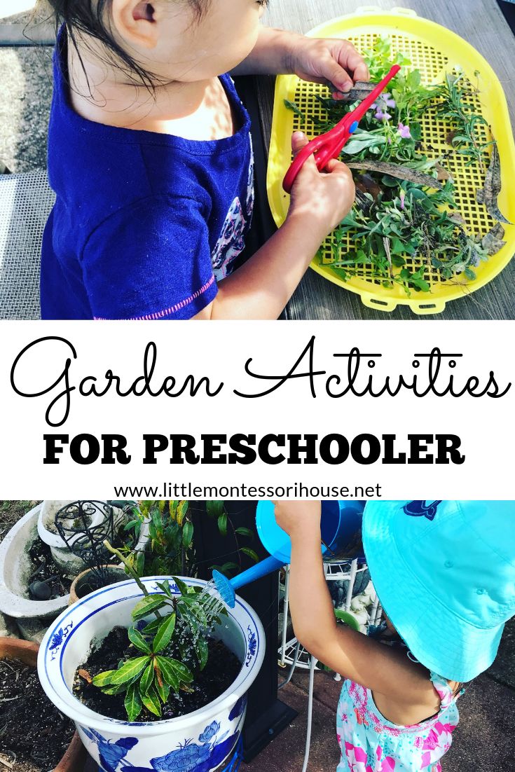 two children are playing with plants in the garden and text overlay reads garden activities for preschool