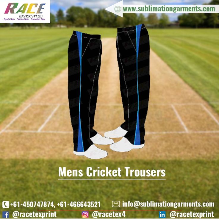 an advertisement for men's cricket trousers on the grass in front of a field