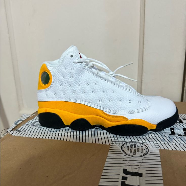 Brand New Authentic Jordan Men, Retro 13, Shoes Jordan, Kids Jordans, Shoes Color, Jordan Shoes, Basketball Shoes, Yellow White, Kids Shoes