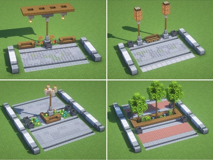 four different views of a park with benches and trees in the center, along with an empty bench on the other side