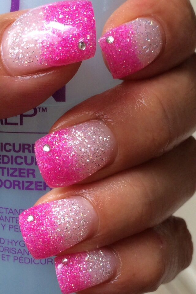 Pink And Sparkle Acrylic Nails, Bright Sparkly Nails, Hot Pink Diamond Nails, Nails Fucsia Hot Pink, Pink Bottom Nails, Hot Pink Valentine Nails, Hot Pink Ombre Nails, Pink Diamond Nails, Sparkly Gel Nails