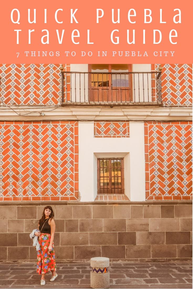 a woman standing in front of an orange and white building with text overlay that reads quick puebla travel guide 7 things to do in pueblo city