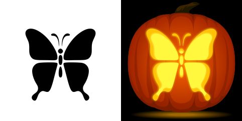 a pumpkin with a butterfly cut out of it's side, and another image of a butterfly carved in the shape of a pumpkin