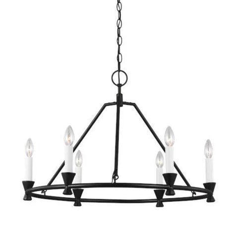 a black chandelier with five candles hanging from the bottom and four lights on each end