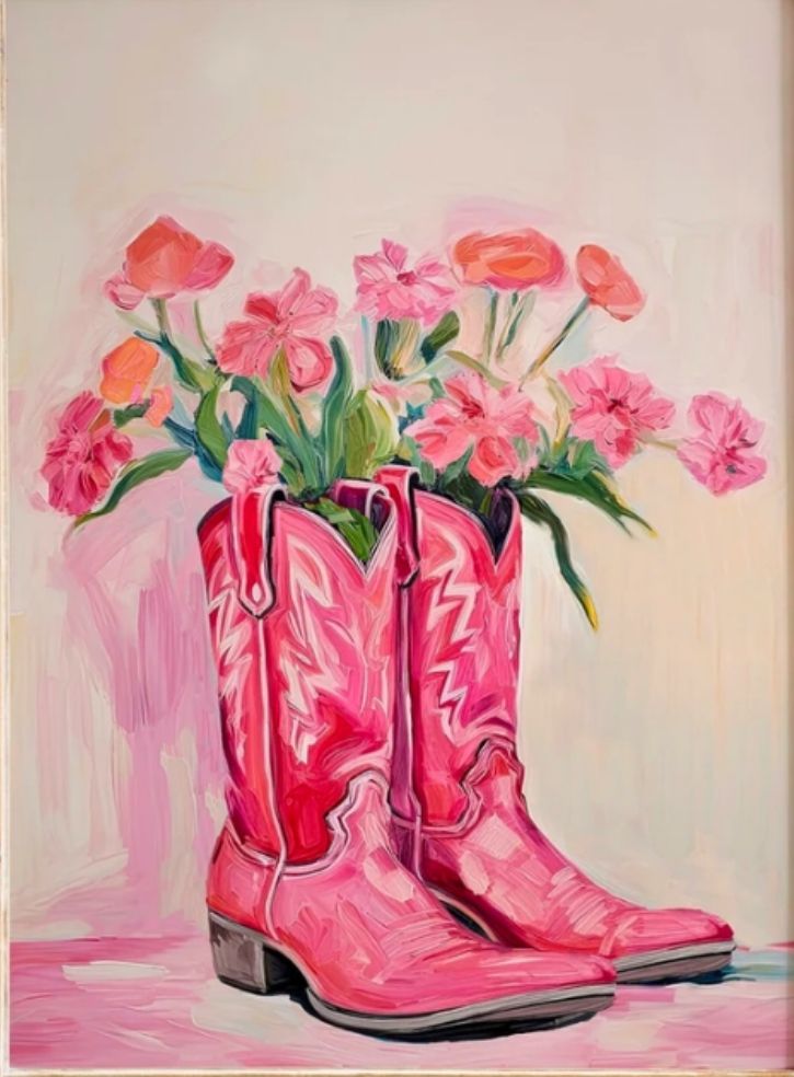 a painting of pink boots with flowers in them