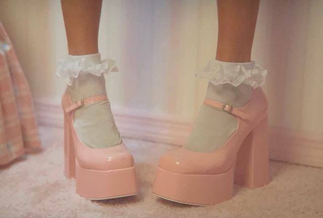 Frilly Socks And Heels, Kawaii Platform Shoes, Pastel Platform Shoes, Pink Platform Shoes, Princess Heels, Peach Shoes, Pink Platform Heels, Frilly Socks, Coquette Fashion