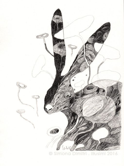 a black and white drawing of a deer with antlers on it's back