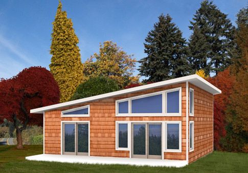 this is a computer rendering of a small house in the grass with trees behind it