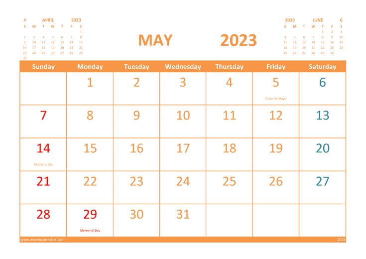 a calendar for may with the holidays in orange and blue on it's side