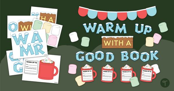 the words warm up with a good book next to coffee mugs and marshmallows