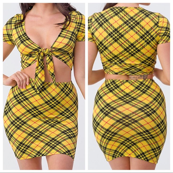 Tie-Front Crop Top & Skirt Set 95% Polyester, 5% Spandex True To Size Casual Fitted Yellow Mini Skirt, Yellow Fitted Skirt For Day Out, Yellow Stretch Skirt For Day Out, Crop Top Skirt Set, Top Skirt Set, Crop Top Skirt, Yellow Plaid, Skirt Sets, Yellow Black