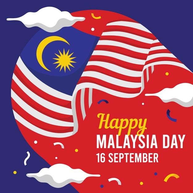 the malaysia day poster with an american and malaysian flag in the center, on a blue background