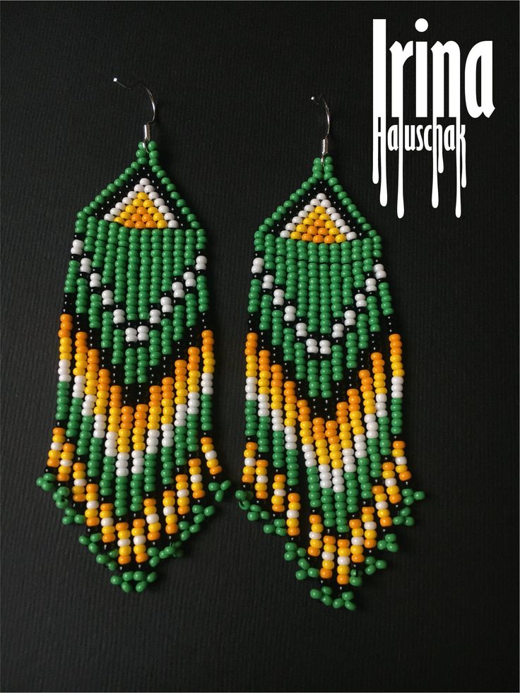 green, yellow and white beaded earrings with fringes on black background text reads trimaphop