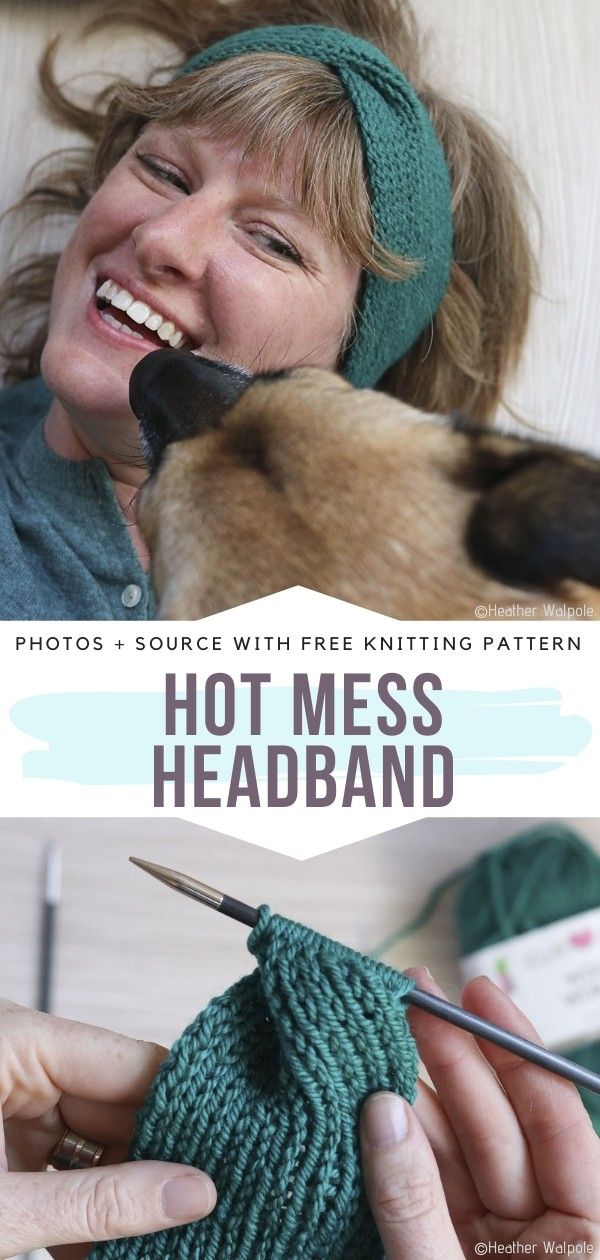 a woman smiling while holding a dog in her lap and knitting it with the words hot mess headband