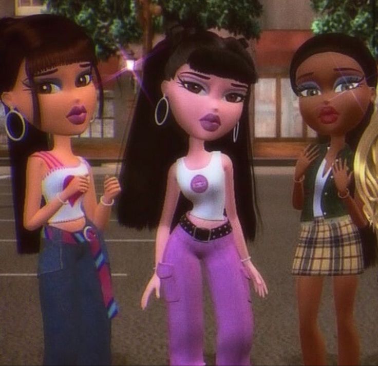 three cartoon girls standing next to each other on a street with buildings in the background