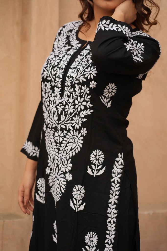 Black Anarkali Traditional Wear, Black Kurta With Intricate Embroidery For Diwali, Black Sets With Motifs For Festive Occasions, Festive Black Sets With Motifs, Black Festive Sets With Motifs, Traditional Black Semi-stitched Sets, Traditional Semi-stitched Black Sets, Black Sharara With Intricate Embroidery For Navratri, Black Anarkali Traditional Cotton Wear