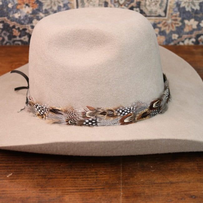 Arriving in Early May. Natural feather hat band. Adjustable with a leather tie. Natural colored feathers Adjustable hatband Approx. 1 inch wide *This product is for 1 single hat band. Hat not included. Western Fedora With Feathers And Flat Brim, Western Style Fedora With Feathers And Flat Brim, Wide Brim Felt Hat With Feathers For Ranch, Wide Brim Felt Hat With Feathers For Outdoor, Flat Brim Feathered Ranch Hat, Curved Brim Felt Hat With Feathers For Ranch, Western Style Brimmed Fedora With Feathers, Western Wide Brim Fedora With Feather Trim, Adjustable Wide Brim Hat With Feather Trim