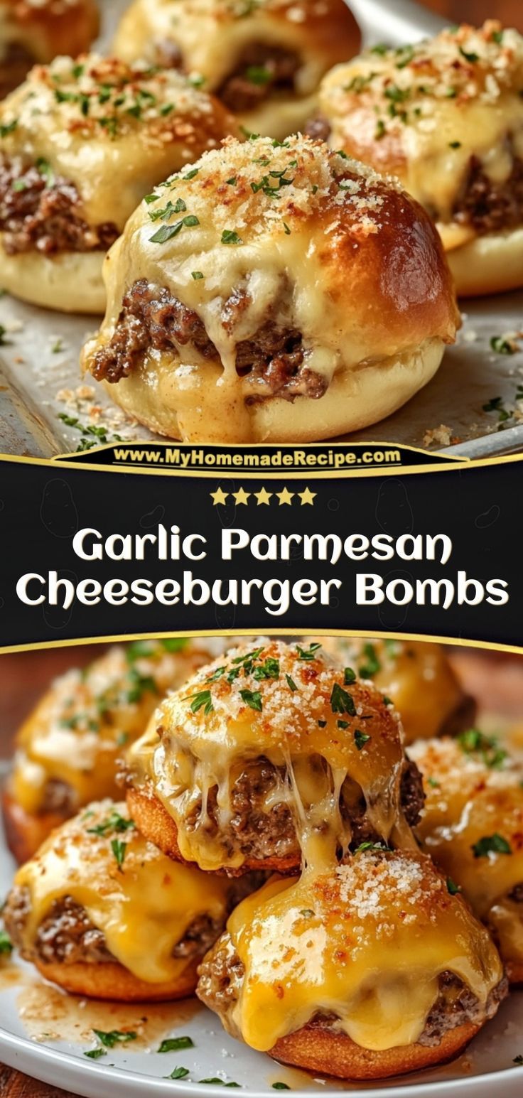 These garlic parmesan cheeseburger bombs are stuffed with beef, cheese, and a hint of garlic flavor, wrapped in flaky biscuit dough. Great for parties! Ingredients: 1 lb ground beef, cooked and seasoned 1 can biscuit dough ½ cup shredded cheddar cheese 1 tbsp garlic powder Serve these bites with marinara sauce or ketchup for dipping Ground Beef In Biscuits, Bunch Ideas Lunch, Parmesan Bites Recipe, Garlic Ground Beef Recipes, Cheese Burger Cups, Biscuit Stuffed Recipes, Ground Beef Parmesan Recipes, Stuffed Biscuits Dinner Ground Beef, Party Food For Christmas