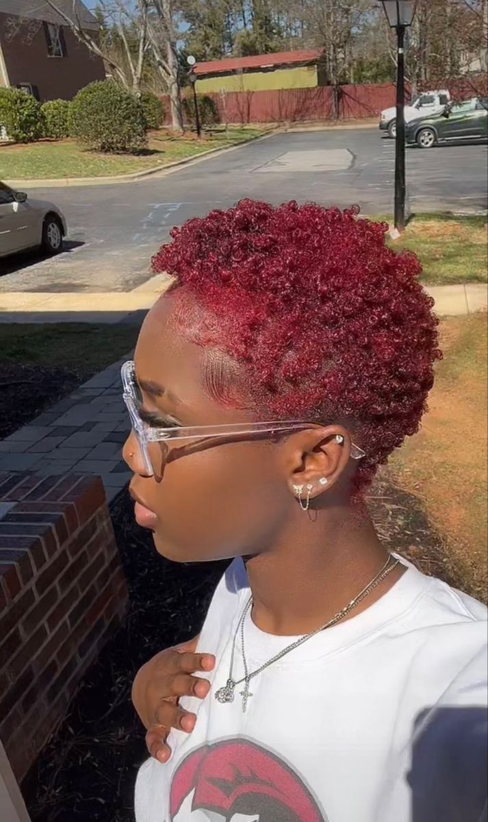 Low Haircut For Black Women With Color, Big Chop Red Hair Black Women, Short Curly Red Hair Black Women, Colored Big Chop, Low Cut Curly Hair Black Women, Short 4c Hair Dyed, Big Chop With Color, Short Natural Hair Color For Black Women, Twa Hairstyles 4c Hair Color