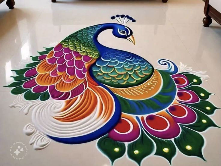 a peacock painted on the floor in a room