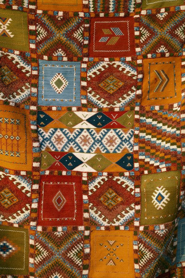 an old patchwork quilt with many different colors and patterns on it's sides